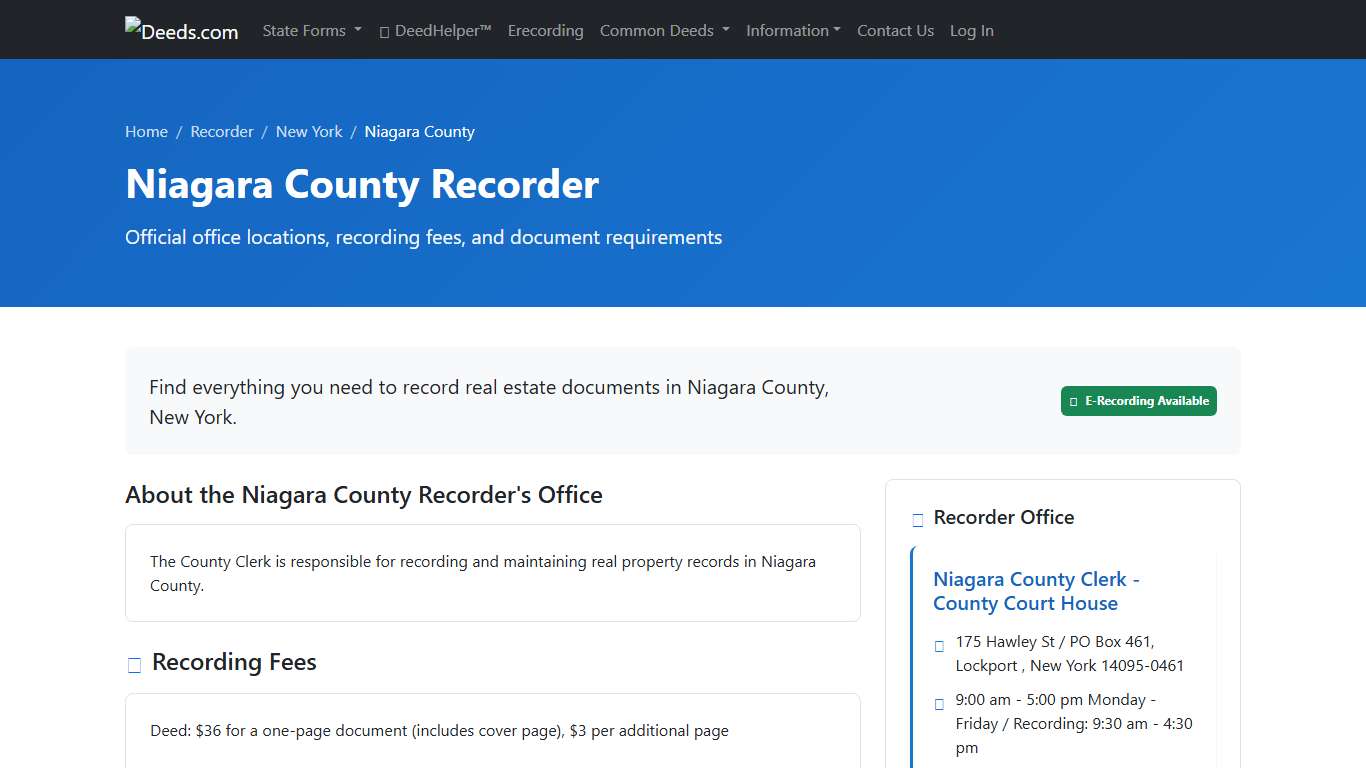 Niagara County Recorder Information, New York - Deeds.com